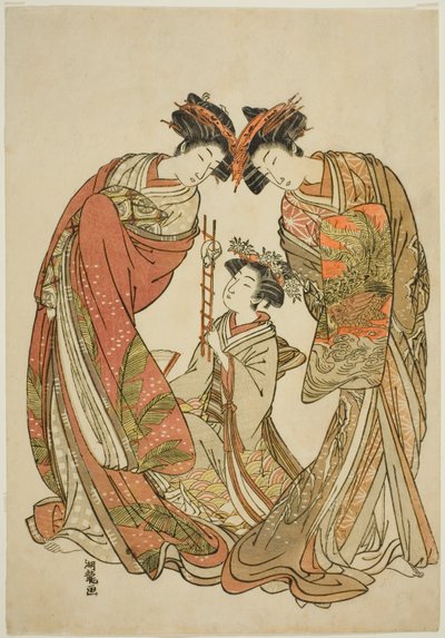 アテンダントがネズミと遊ぶのを見ている 2 人の娼婦 作： Isoda Koryusai
