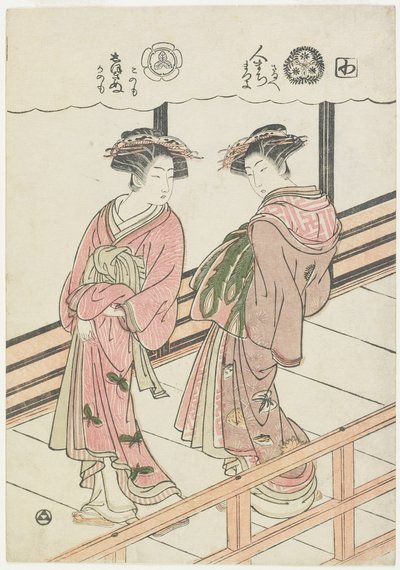 ベランダでの2つの遊女、1777年（色木版画） 作： Isoda Koryusai