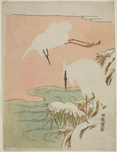 雪の中の 2 つの白鷺 作： Isoda Koryusai