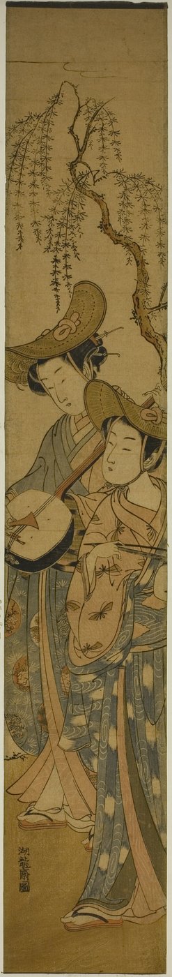 柳の木の下で二人の巡回音楽家 作： Isoda Koryusai