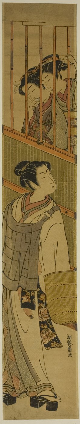 虚無僧に扮した青年を見つめる二人の若い女性 作： Isoda Koryusai
