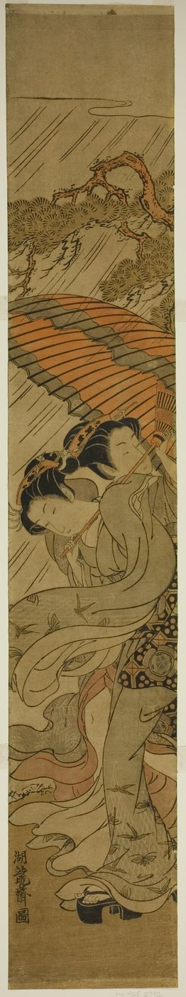 暴風雨に巻き込まれた傘を持つ 2 人の若い女性 作： Isoda Koryusai