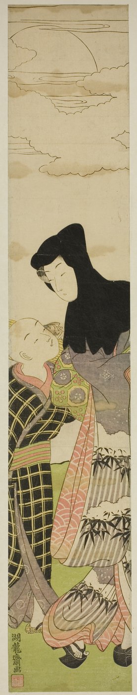 黒いフードをかぶった女性が少年に話しかける 作： Isoda Koryusai