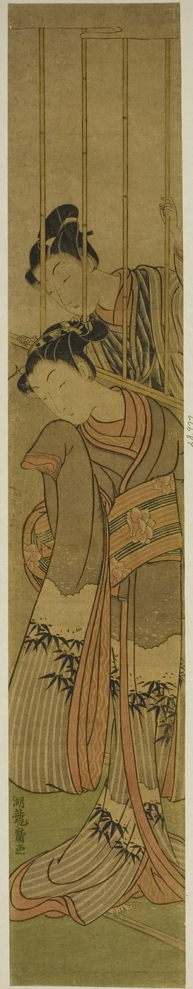 鉄格子の窓から少女を眺めている若い男 作： Isoda Koryusai