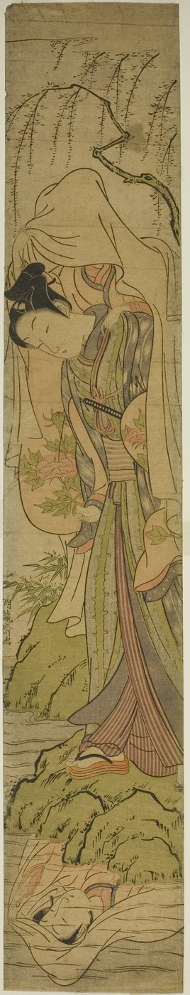 女の子を運ぶ若い男が水に映る彼女を見る 作： Isoda Koryusai
