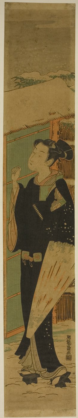 雪の中で門をたたく傘を持つ若者 作： Isoda Koryusai
