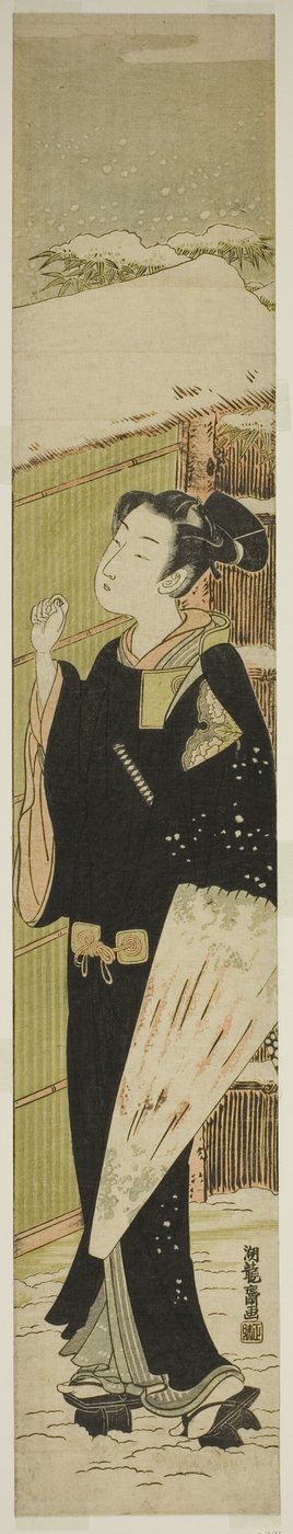 雪の中で門をたたく傘を持つ若者 作： Isoda Koryusai