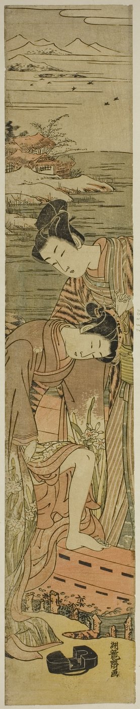 下駄を落として舟に乗る若い女性 作： Isoda Koryusai