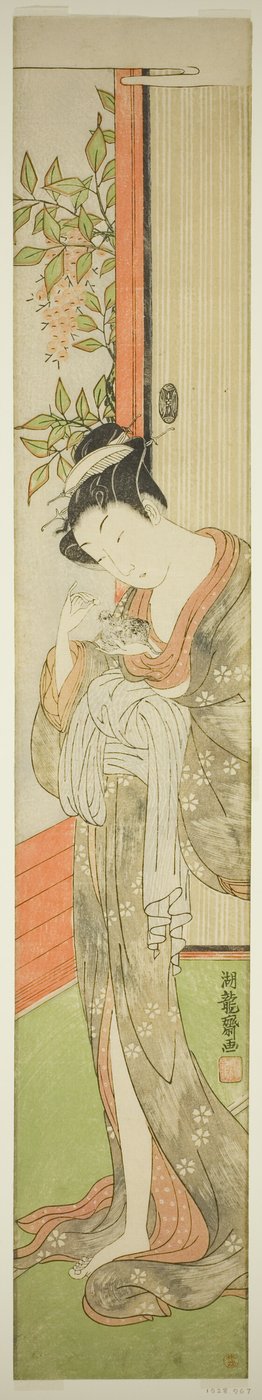 ネズミに餌をやる若い女性 作： Isoda Koryusai
