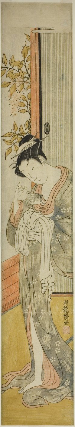 ネズミに餌をやる若い女性 作： Isoda Koryusai