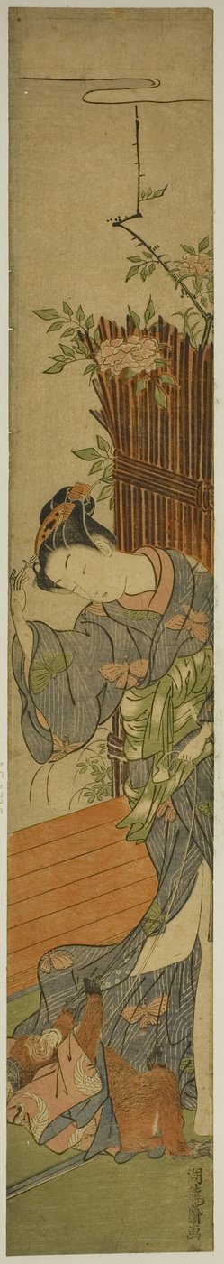 ペットの猿を持つ若い女性 作： Isoda Koryusai