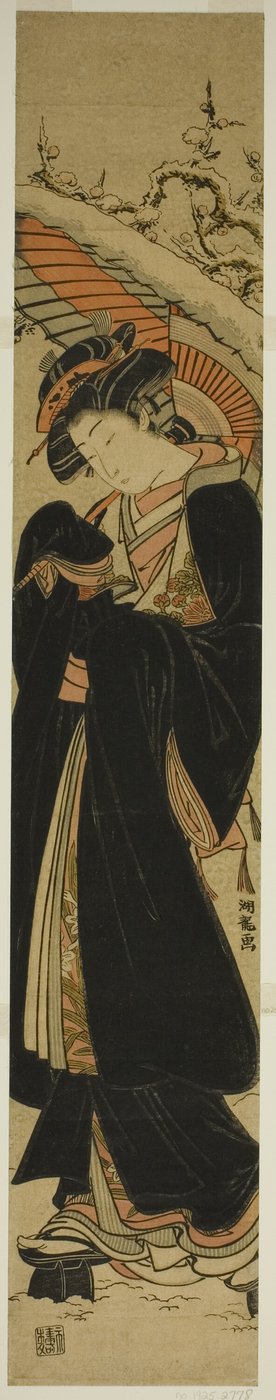 雪の中を歩く傘を持つ若い女性 作： Isoda Koryusai