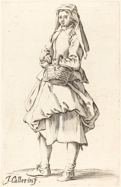 かごを持つ農民の女性、左向き 作： Israel Henriet after Jacques Callot