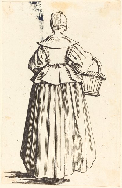後ろから見たバスケットを持つ農民の女性 作： Israel Henriet after Jacques Callot