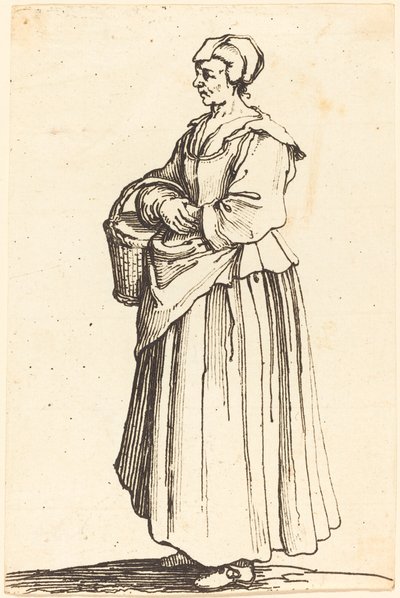 農民, 女, ∥で∥, バスケット, 中に, プロフィール, 正面を向いている, 左 作： Israel Henriet after Jacques Callot