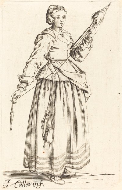糸巻き棒を持つ若い女性、右向き 作： Israel Henriet after Jacques Callot
