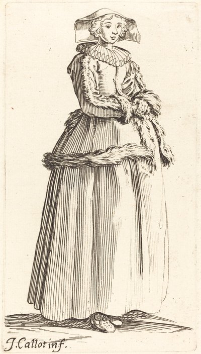 手を組んで右向きの若い女性 作： Israel Henriet after Jacques Callot