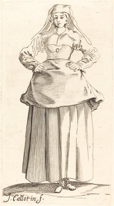 若い女性, ∥で∥, 手, 上に, 腰, 正面図 作： Israel Henriet after Jacques Callot