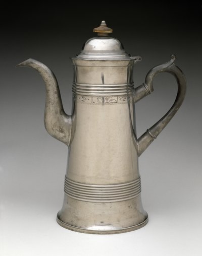 コーヒーポット、c。 1820〜1840（ピューター、木材） 作： Israel Trask
