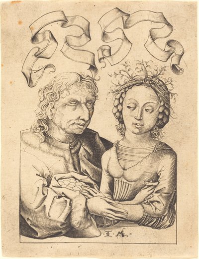 愚かな老人と少女、c。 14801490。 作： Israhel van Meckenem