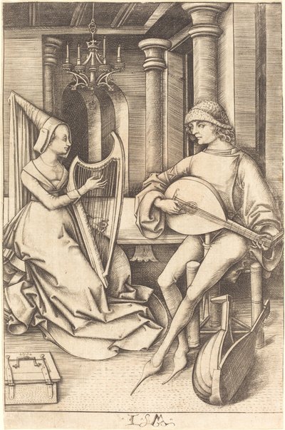 リュート奏者とハープ奏者、c。 14951503。 作： Israhel van Meckenem