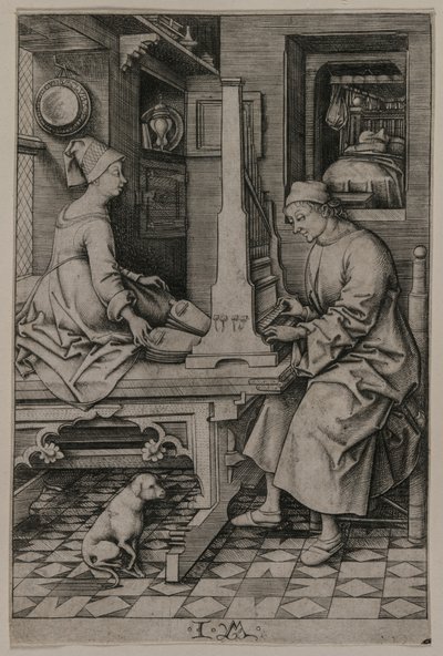 オルガン奏者とその妻、1495-1503年。 作： Israhel van Meckenem