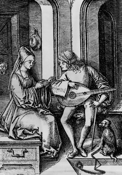 女性が歌い、男性がリュートを演奏している様子（エングレービング 作： Israhel van the younger Meckenem