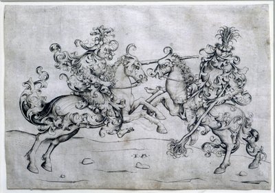 二人のライダーの遊び。馬に乗った二人の男の遊び。イスラエル・ファン・メッケネム（1440-1503年頃）のデッサン。ルーヴル美術館 作： Israhel van the younger Meckenem