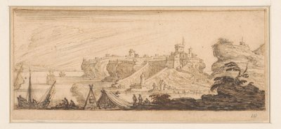 開いたテントと漁師のいる海岸の景色 海辺の風景を描いた版画シリーズのデザイン（シリーズ名） 作： Israël Silvestre