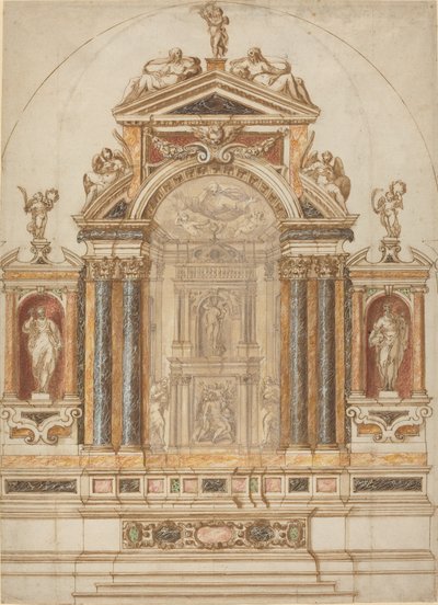 彫刻で飾られた色付きの大理石の精巧な祭壇 作： Italian 17th Century