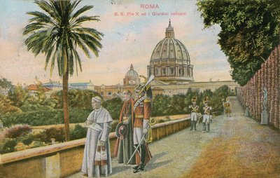 ローマ教皇バチカンの庭園にある教皇ピオ十世。 1913年に送られたはがき。 作： Italian Photographer
