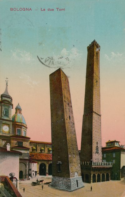 イタリア、ボローニャの2つの塔。 1913年に送られたはがき。 作： Italian Photographer