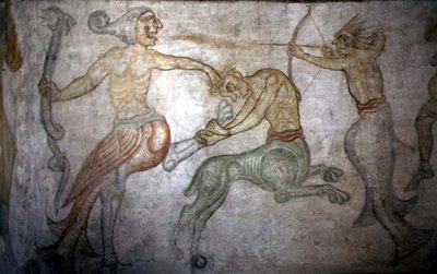 サテュロスなどの神話上の生き物の戦い（フレスコ画） 作： Italian School