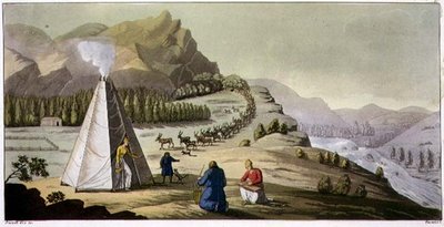 トナカイの群れが山を下りてくるラップランドの小屋（八角テント）「The History of the Nations」よりプレート47（アクアチント 作： Italian School