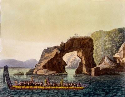 ニュージーランドのマオリの要塞化された展望台、マオリ戦争カヌー、1820年代から30年代と組み合わされた（手塗りのアクアチント） 作： Italian School