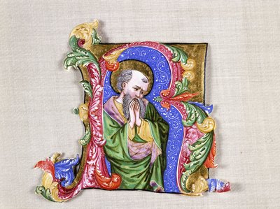 祈りの聖人、大きな歴史的なイニシャルR、c.1400（歴史的なイニシャル、ベラムのアンティフォナから切り取ったもの） 作： Italian School