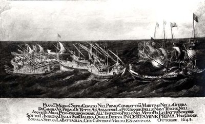 フランチェスコ・モロシーニ将軍（1618-94）率いるヴェネツィア艦隊と、クレタ島沖でのトルコ人との海戦（1645年10月）（油彩・キャンバス）（モノクロ写真 作： Italian School