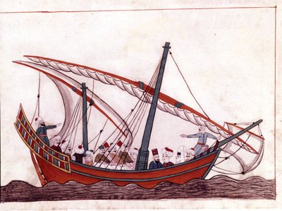 トルコの船。ミニチュア「トルコの記念品」（codex Cicogna 1971 "Memorie Turchesche"）より 17世紀ヴェネツィア派の水彩画。 作： Italian School