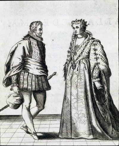 イタリアの貴族のカップル。1581年、舞踊家ファブリチオ・カローゾ（1527/1535-1605/1620）の踊りを扱った「Il ballarino（またはIl ballerino）」の版画。ボローニャ市立音楽図書館蔵 作： Italian School