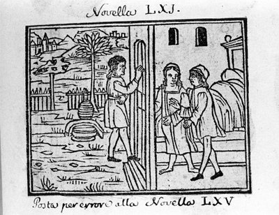 あるカップルがドアをノックしたいと言っています。イタリアの作家、Giovanni Boccaccio dit Jean Boccaccio（1313-1375）の『デカメロン』のニュース61（7日目のニュース1）の挿絵。ヴェネツィア、バルトロメオ・デ・ザンの『デカメロン』に掲載されたエングレーヴィング。 作： Italian School