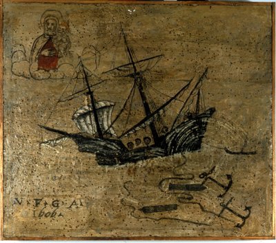 嵐の時に錨と2門の大砲を投げて放つガレオン船。1610年にナポリのマドンナ教会で行われた投票による。 作： Italian School