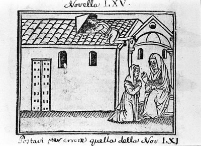 嫉妬深い夫が、不倫している妻の告白を集めるために司祭としての身分を偽る。イタリアの作家、ジョヴァンニ・ボッカッチョ（ジャン・ボッカッチョ）（1313-1375）の『デカメロン』の第65報（7日目の新5日）の挿絵。のエングレーヴィング。 作： Italian School