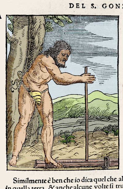 2本の木をこすって火をつけている先住民の姿。ジョヴァンニ・バッティスタ・ラムシオ（1485-1557）の『Navigationi and Viaggi』第3巻（1565年、ヴェネツィア）からの版画。 作： Italian School