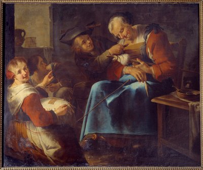 子供たちに囲まれて眠る老齢の映画監督 イタリア派の絵画。17世紀 ラオン、美術館 作： Italian School