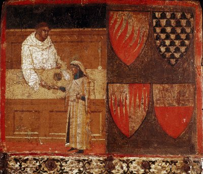 徴税人と納税者 1340年のビッチャーナ（シエナ市の会計簿の表紙）を飾る木の上の匿名の絵。国立公文書館-シエナのビッチャーナ博物館（Museo delle Tavolette de Bicherna）。 作： Italian School