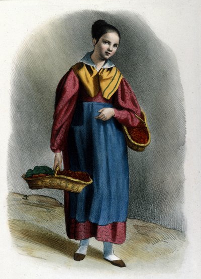 徘徊する若いイチゴ売りの女性。1830年のロカルノのミラノのメティエ彫刻。 作： Italian School