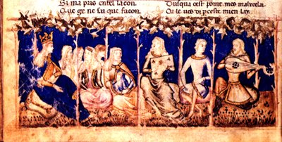 Add.12228 fol.222v 女王が音楽を聴く、Roman du Roy Meliadus de Leonnoys、c.1352 (ベラム) 作： Italian School