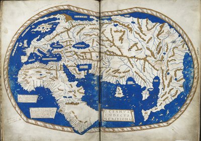 15760 f.68v-69 を追加 Enrico Martello 作の「Insularium Illustratum」からの世界地図、主に地中海の島々の記述、色付きの平面図、イタリア語、1470 年頃 (ベラム) 作： Italian School