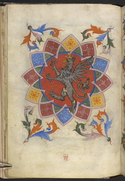 追加。 21965、f.5v 紋章の図: グリフィン、テーラー ギルドの法令、「Matricula artificum Artis Sartorum civitatis Perusii」から (ベラム紙にインクとカラー) 作： Italian School