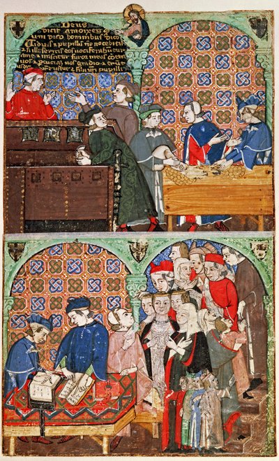 追加 27695 f.8 お金の数え方と賃金の支払い、悪徳に関する論文 (ベラム) から 作： Italian School